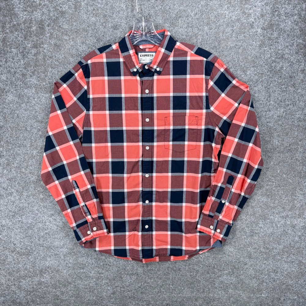 Express Men's Medium Slim Soft Wash Plaid Button Down Shirt Red Navy Long Sleeve